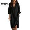 Elegant Casual Dress Women's Summer Midi Shirt Dress, Long Sleeve V Neck Simple Style Lapel Loose Tunic Beach Vacation Sundress with Pockets