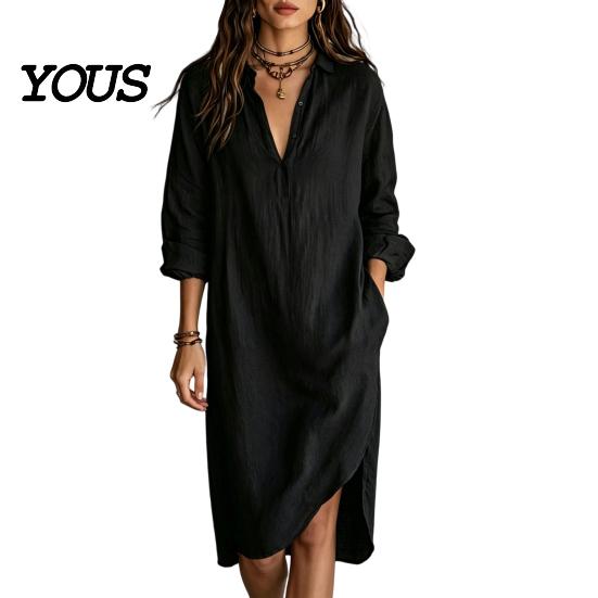 Elegant Casual Dress Women's Summer Midi Shirt Dress, Long Sleeve V Neck Simple Style Lapel Loose Tunic Beach Vacation Sundress with Pockets