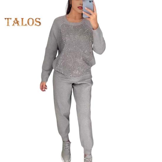 2 Teile/satz Frauen Top Hosen Anzug Strass Dekor O Hals Langen Ärmeln Patchwork Sport Sweatshirt Elastische Taille Hose Fitness Outfit Herbst frühling