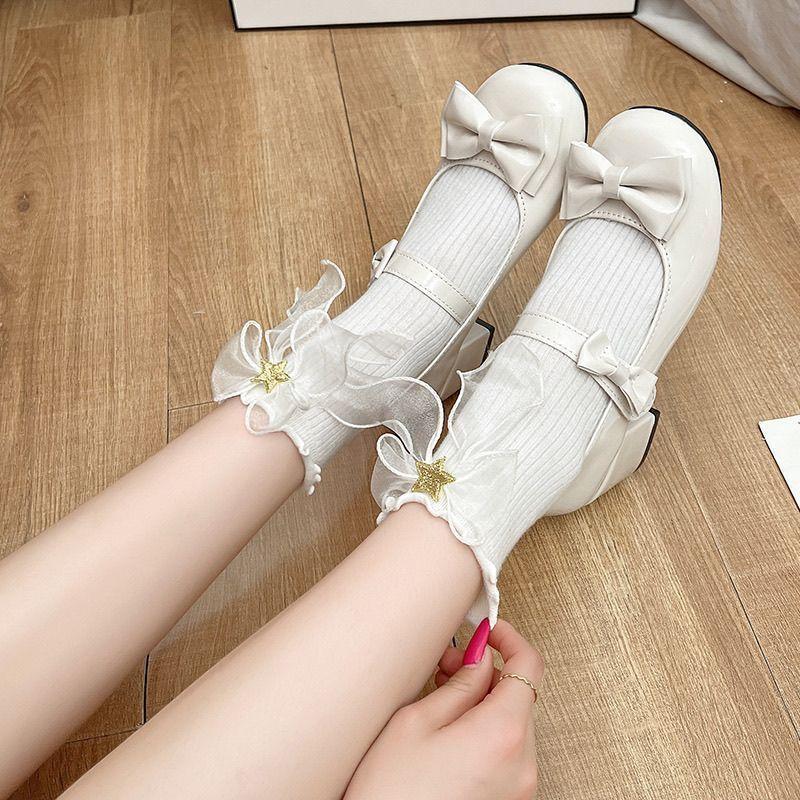 Pink high heels original lolita small leather shoes mary shoes cute bow heel round head lo shoes women