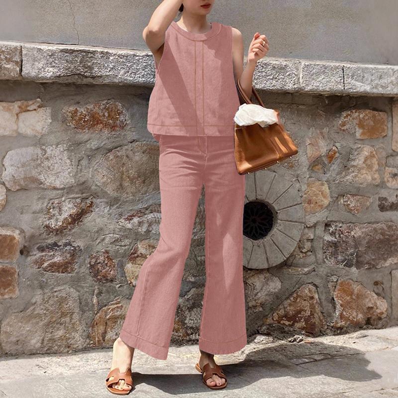 

ZANZEA Женские топы без рукавов и брюки Летние костюмы-двойки 5XL розовый