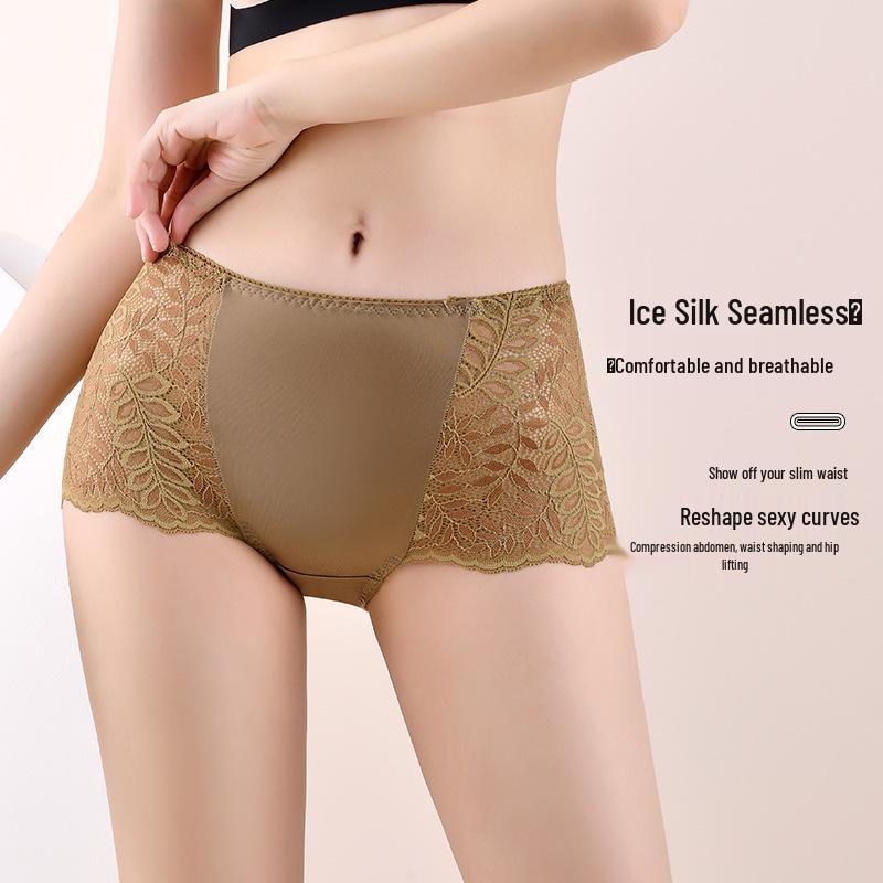 Plus Size High Waist Sexy Lace Seamless Ice Silk Women's Briefs (90-300 Jin)