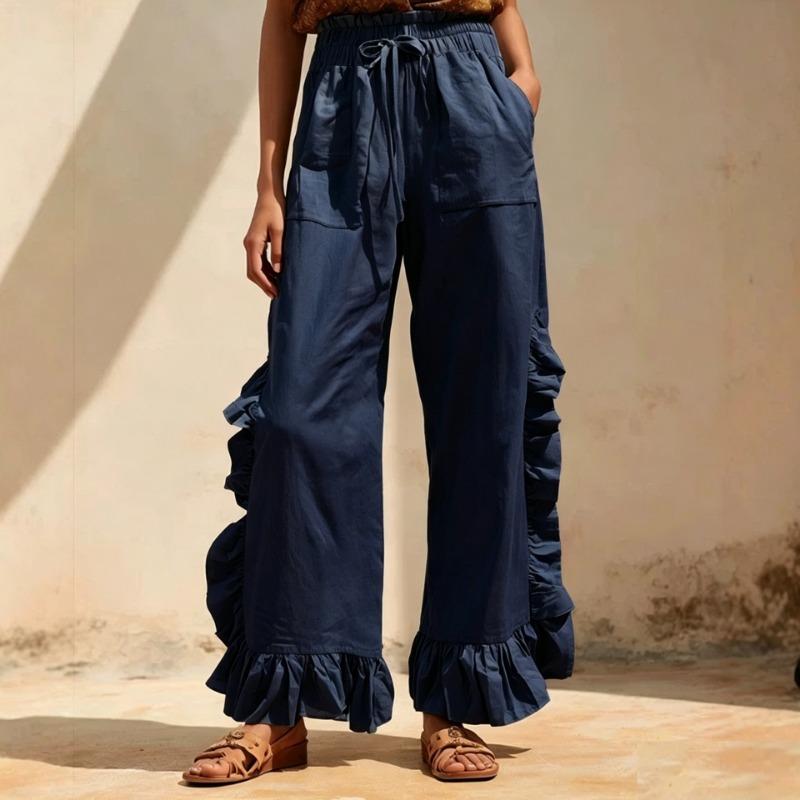 Women Fashion Ruffled Patchwork Versatile Casual Loose Wide Leg Pants