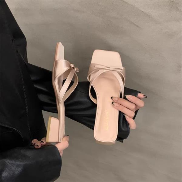Fashion Female Shoes Square heel Ladies' Slippers Low Luxury Slides Butterfly-Knot 2025 Block Summer Silver Designer Scandals Butterfly-