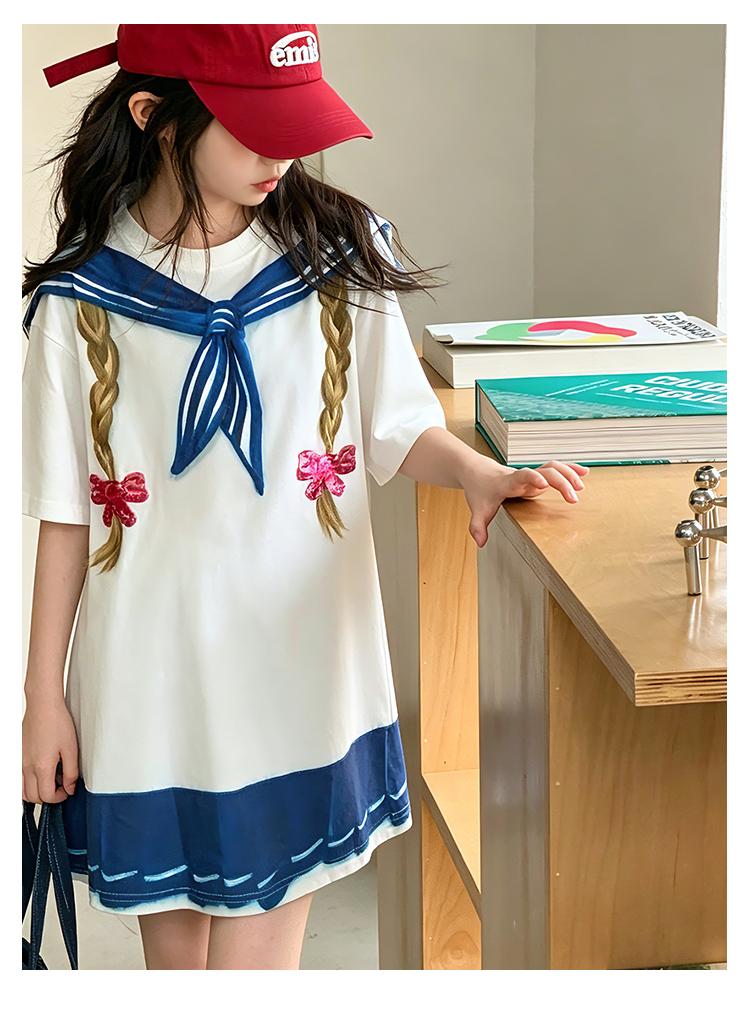 Navy collar dress for girls in summer, thin design for junior high school growth, T-skirt print, mid length skirt, college style, big kid