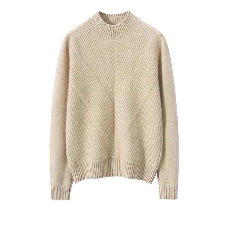 Women's Pure Cashmere Semi-High Neck Solid Color Thick Pullover Sweater for Autumn and Winter
