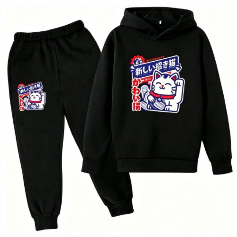 Fashion Cute Anime Cartoon Cat Print Kids Pullovers Pants 2-piece Set Street Casual Fashion Hoodies Vintage Boy's Girl Clothes