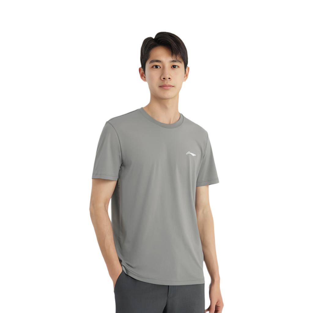Li-Ning Solid Color Logo Quick-Dry Breathable Elastic Ice Silk Sports Training Short Sleeve T-Shirt Men Tops Starry-Gray ATSS463-3