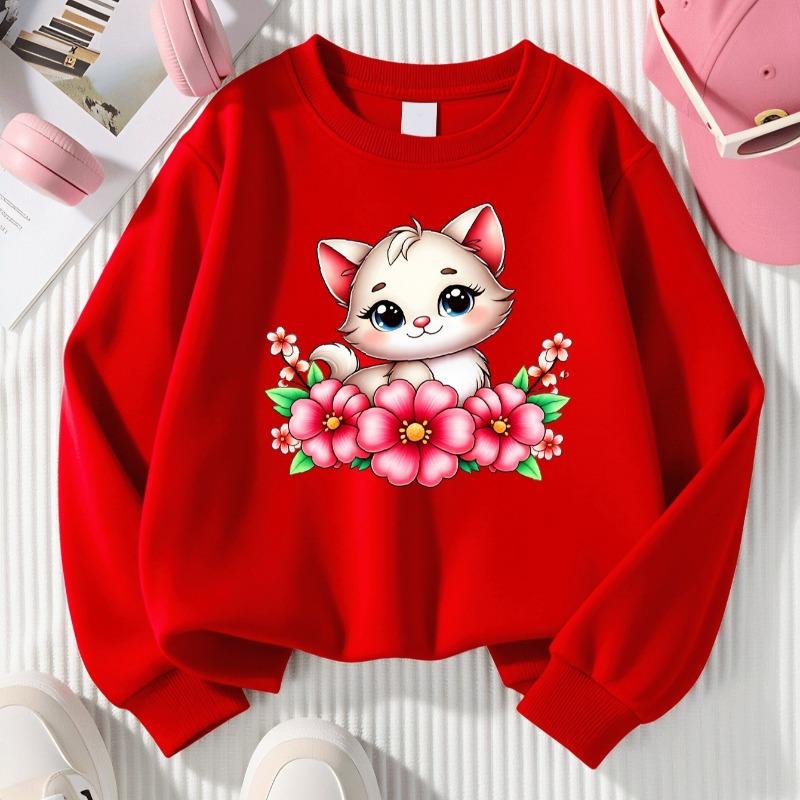 Kids Crewneck Sweatshirt, Cute Kitten with Pink Flowers Print, Soft Casual Pullover for Fall Winter