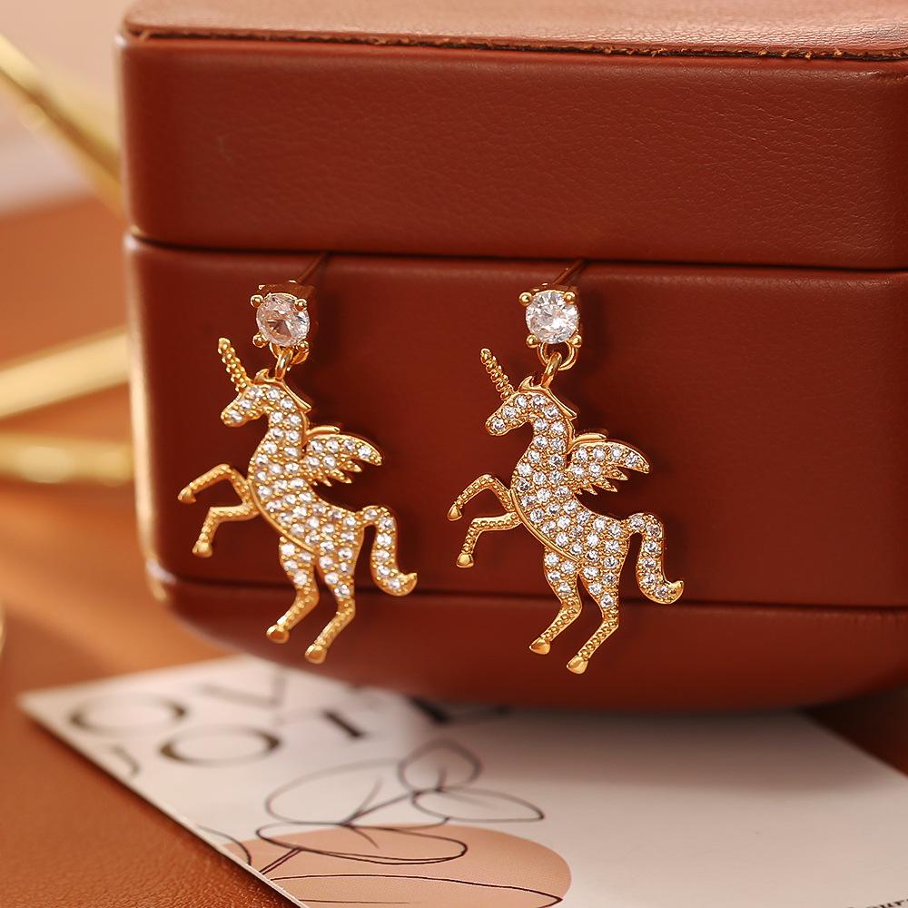 Exquisite Unicorn & Zodiac Horse Diamond Stud Earrings: High-End Chinese Style with Silver Needle