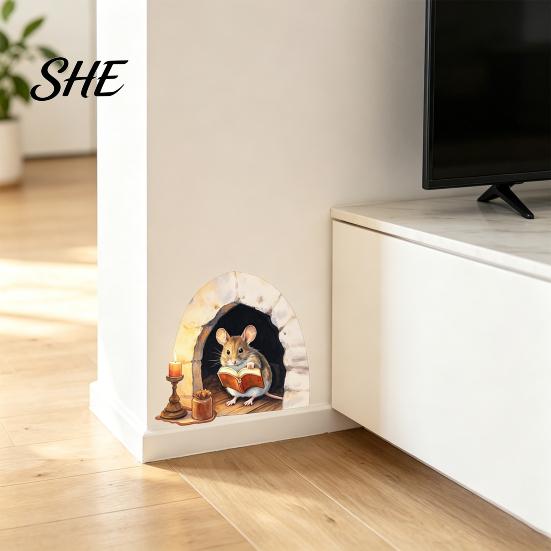 Adhesive Free Window Clings 3D Mouse Hole Wall Decals, Peel And Stick Cute Cartoon Mice Reading Sticker, Decorative Durable Stickers Vinyl for