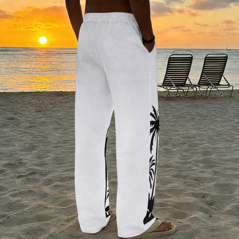 Four Seasons Men's Relaxed Fit Beach Resort Casual Printed Straight-Leg Linen Trousers