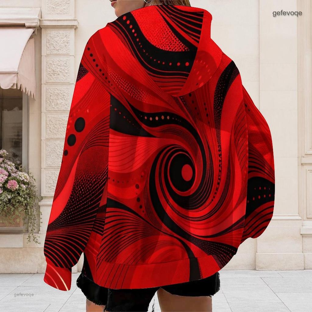 Women Plus Size Long Sleeve Zip Up Hoodie Red Black Abstract Printed With Drawstring Hood And Pockets