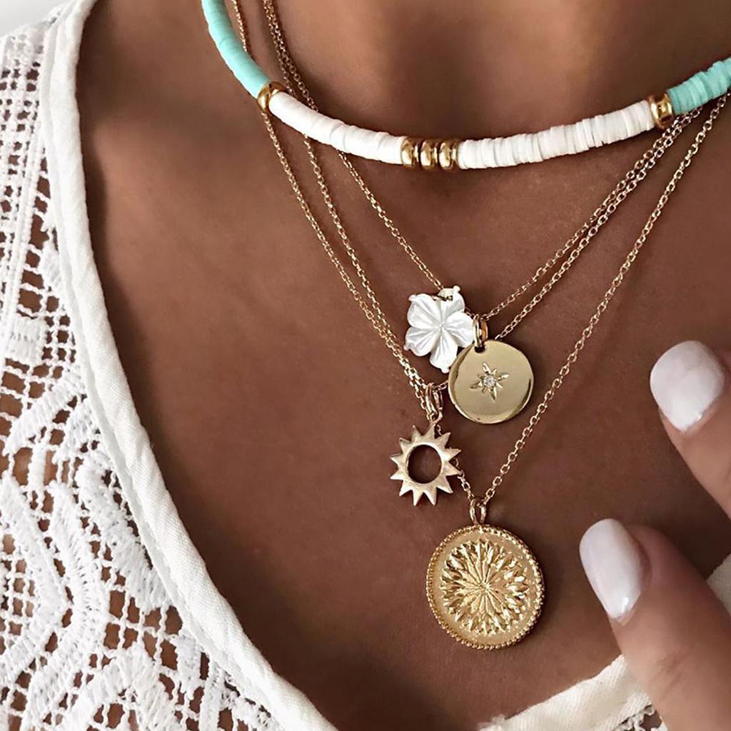 European and American personalized soft pottery necklace fashion coconut tree starfish flower pendant long necklace stacked collarbone chain