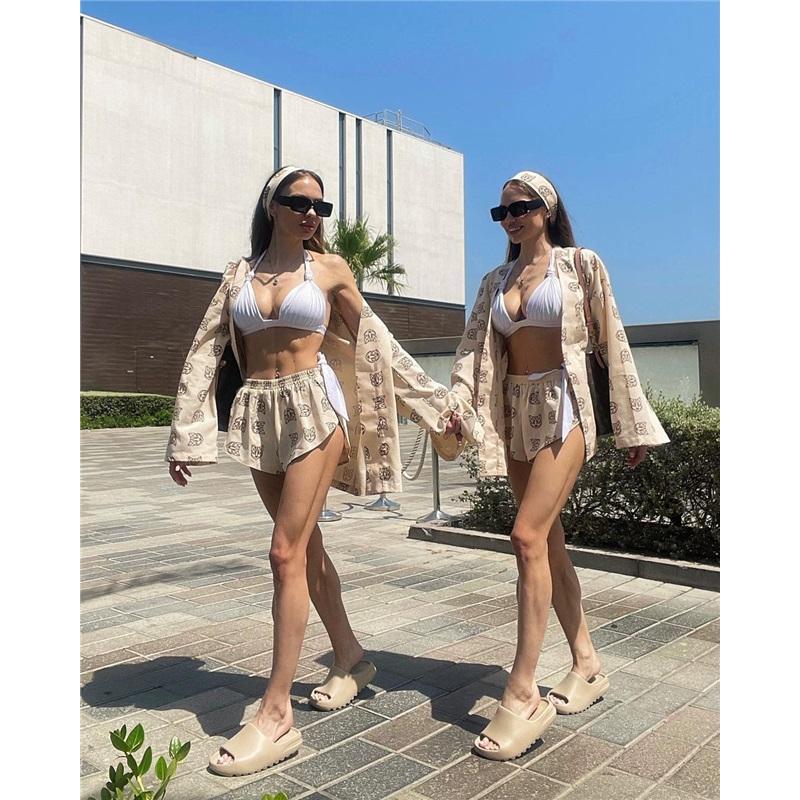 European And American Loose Long Sleeved Women's Printed Casual Commuter Lace Up Pajamas High Waist Shorts Suit