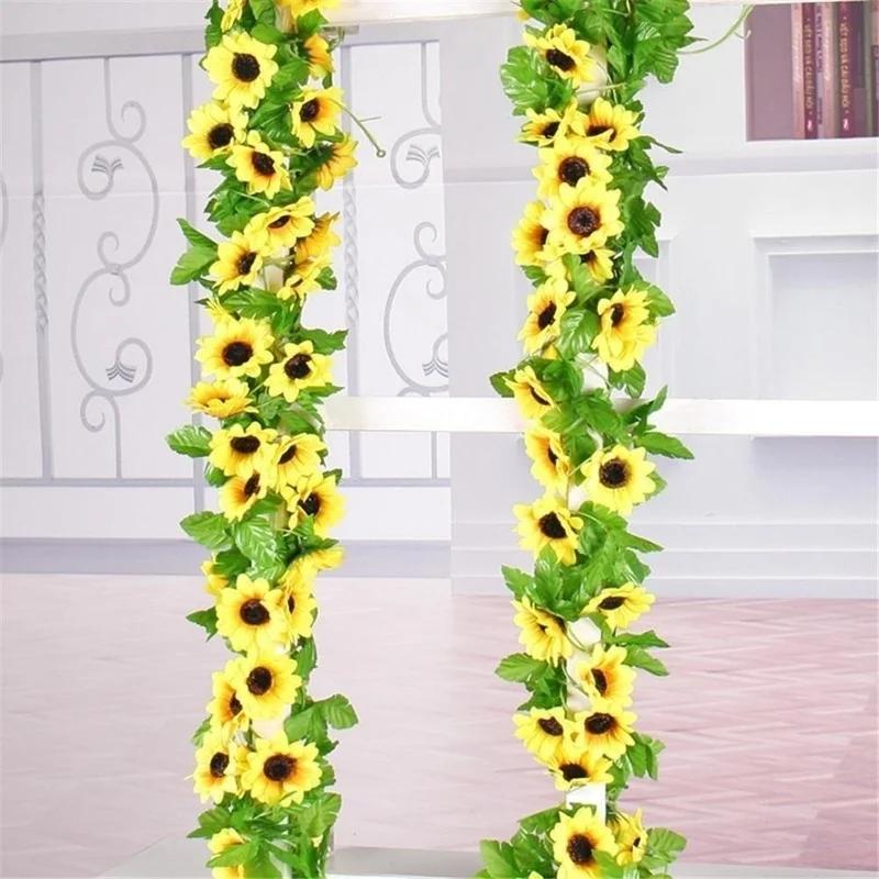 260cm Simulated Sunflower Vine Sunflower Flower Wreath Home Pipe Wrapped Decorative Flower Strip Wedding Flower Arch Decoration