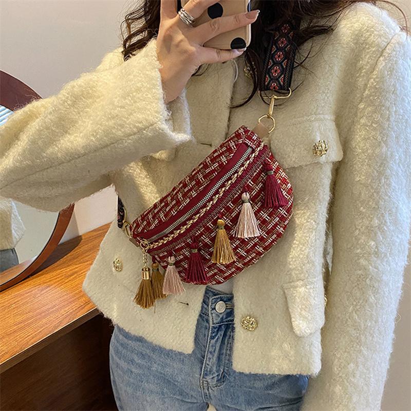 Weave Crossbody Bags Female Tassel Waist Bag Retro Leather Shoulder Packs