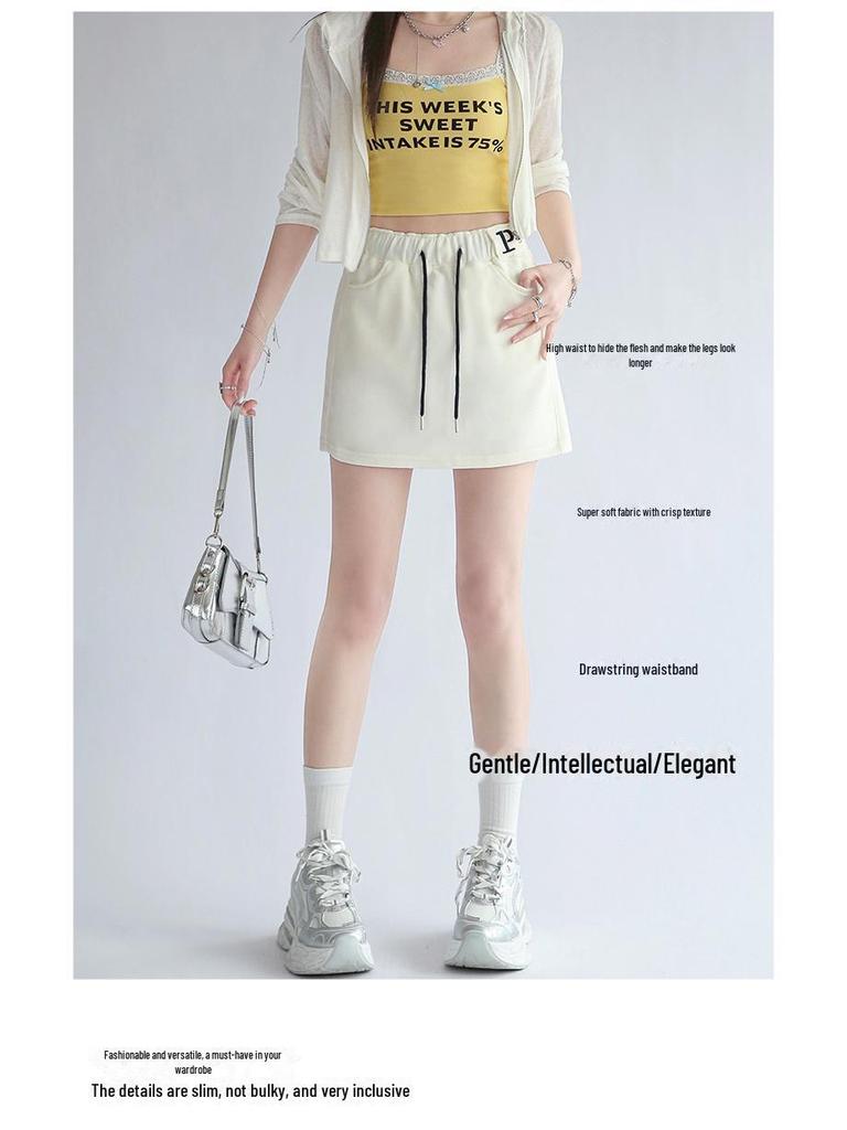 Women's Gray High-Waist A-Line Sports Skirt with Attached Shorts - Spring to Autumn Wear