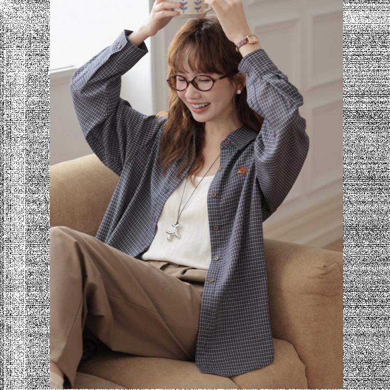 Full River Red Plaid Dachshund Embroidered Miu-style Women's Autumn Loose Long Sleeve Cardigan