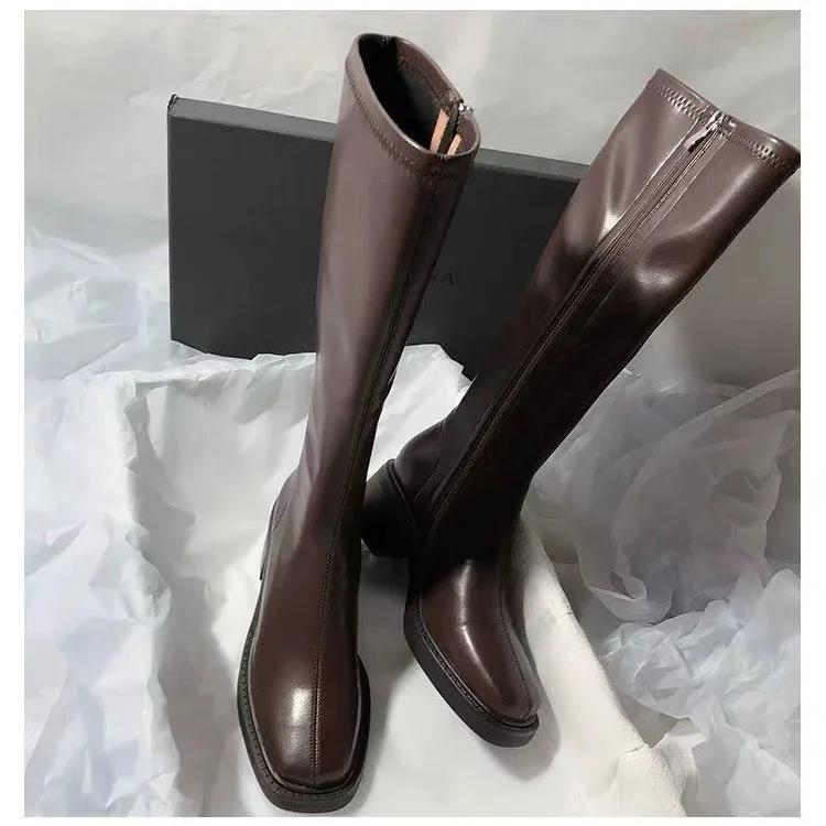Vintage Dámské kozačky nad koleno na silném podpatku Módní boty se zipem na straně Podzim Zima Dámské Stručné Dlouhé Dámské Botas De Mujer
