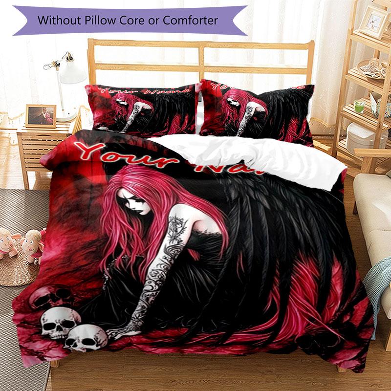 3PC Custom Name Dark Angel Skulls Bedding Set Duvet Cover Closure Includes 1 Duvet Cover & 2 Pillowcases for Bedroom