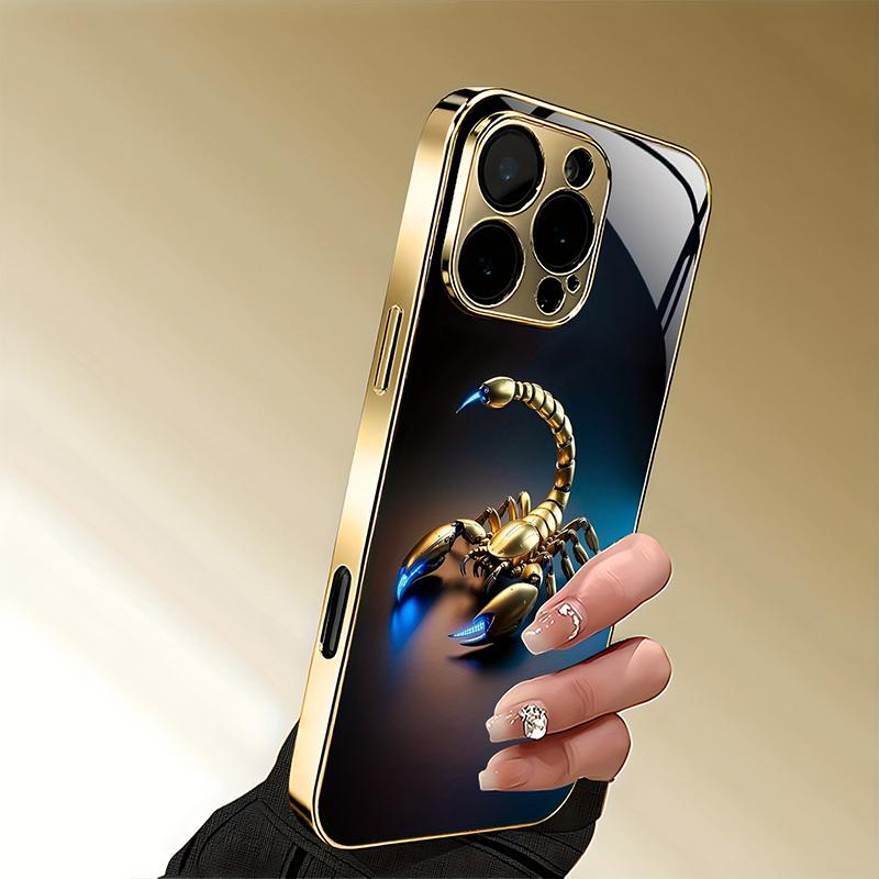 Cool Golden Scorpion Pattern Gold Metallic Paint Glass Phone Case For iPhone 17 16 15 14 13 12 11 Pro Max Plus 17 Air 16E Cover