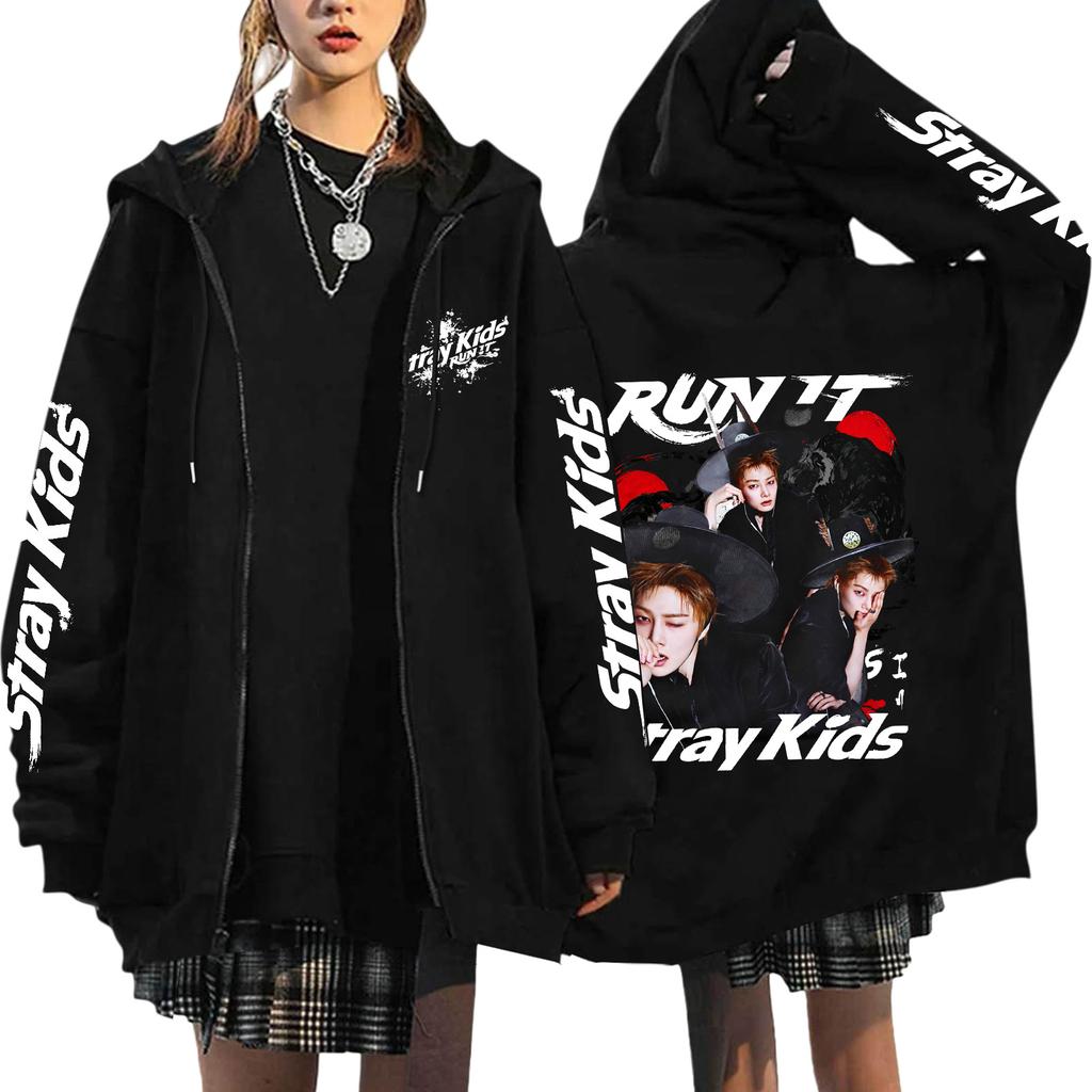 Graphic Print Loose Fit Zip Up Hoodie for Casual Streetwear
