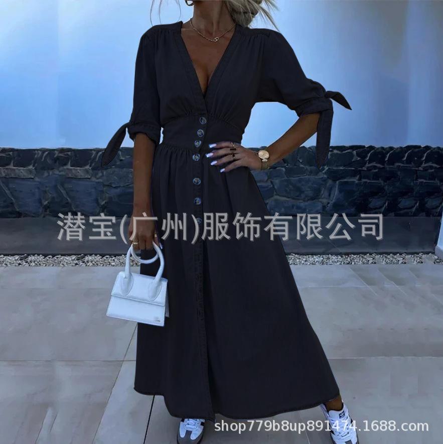 New European and American women's clothing summer spot collar cardigan pure cotton solid color waist dress