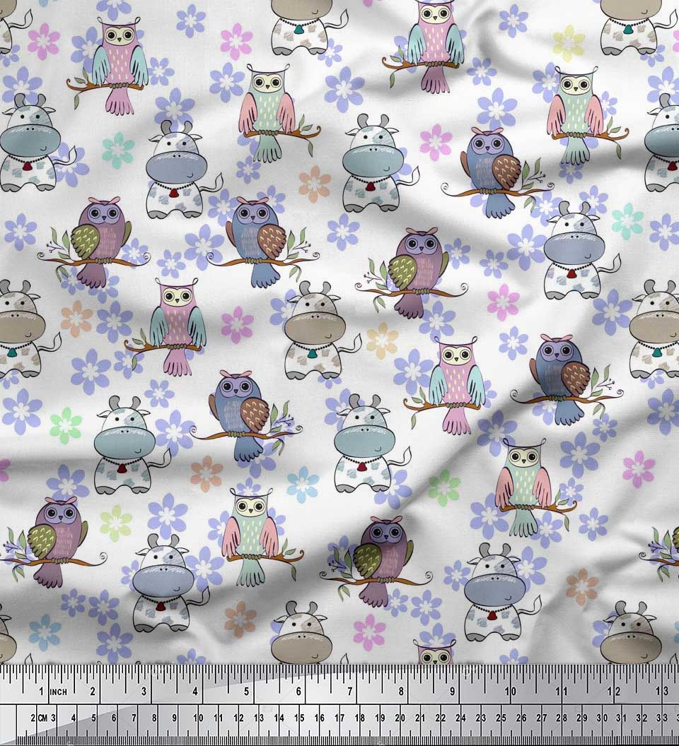 

Японська креп-атласна тканина Soimoi з квітковим малюнком, мультфільмом сови та корови, швейна тканина, метр 42 дюйма 42 Inch Wide - Poly Crepe білий