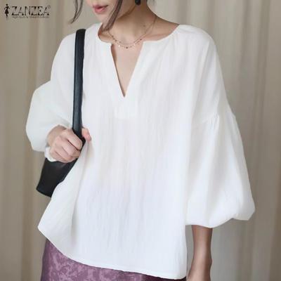 Women Casual V-Neck 3/4 Sleeve Loose Blouse