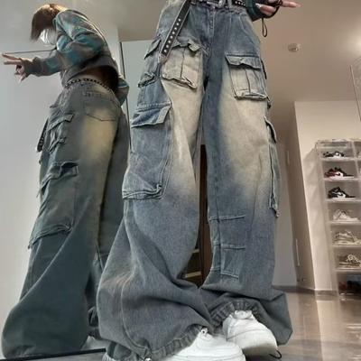 Women American Hip-hop Personalized Retro Washed Workwear Jeans Loose Straight Leg Wide Leg Retro Casual Pants
