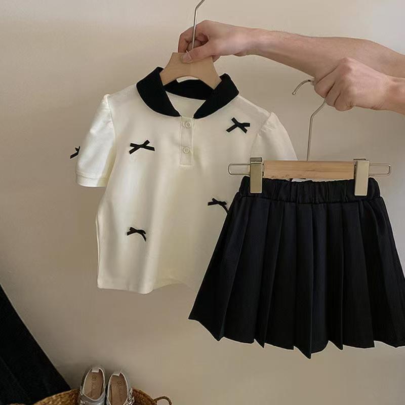 Conjunto Preppy de 2 Piezas para Bebé Niña Verano Top de Manga Corta con Lazo y Falda Plisada Atuendo de Moda para Niños Pequeños