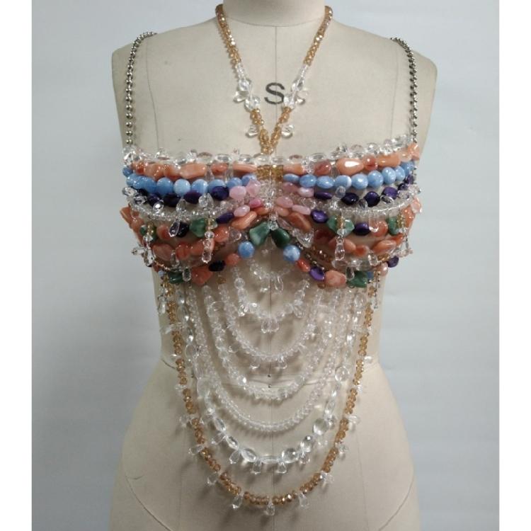 Fashion Layer Acrylic Stone Body Chain Bra Top Adjustable Closure Designs for Women's Beachwear and Dance Event