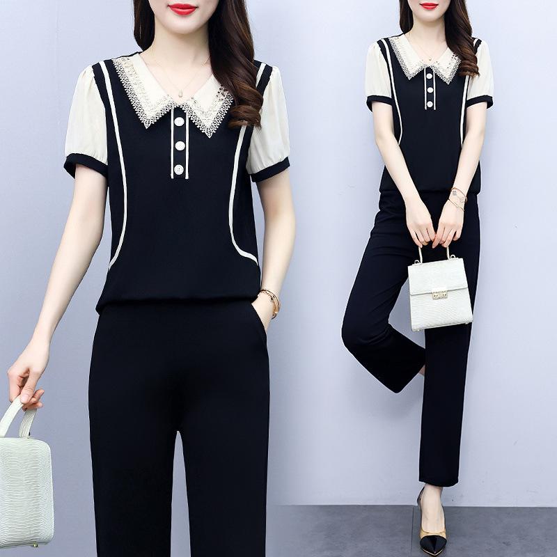 Chic Chiffon Short-Sleeve Top & Long Pants Plus Size Women's High-End Summer Suit
