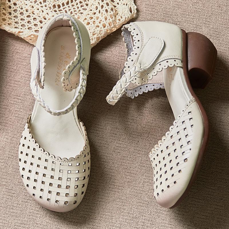 Fashion GKTINOO 2025 Summer Women Shoes New Soft Bottom Genuine Leather Women Sandals Retro Hollow Thick Heels Sandals For Mother