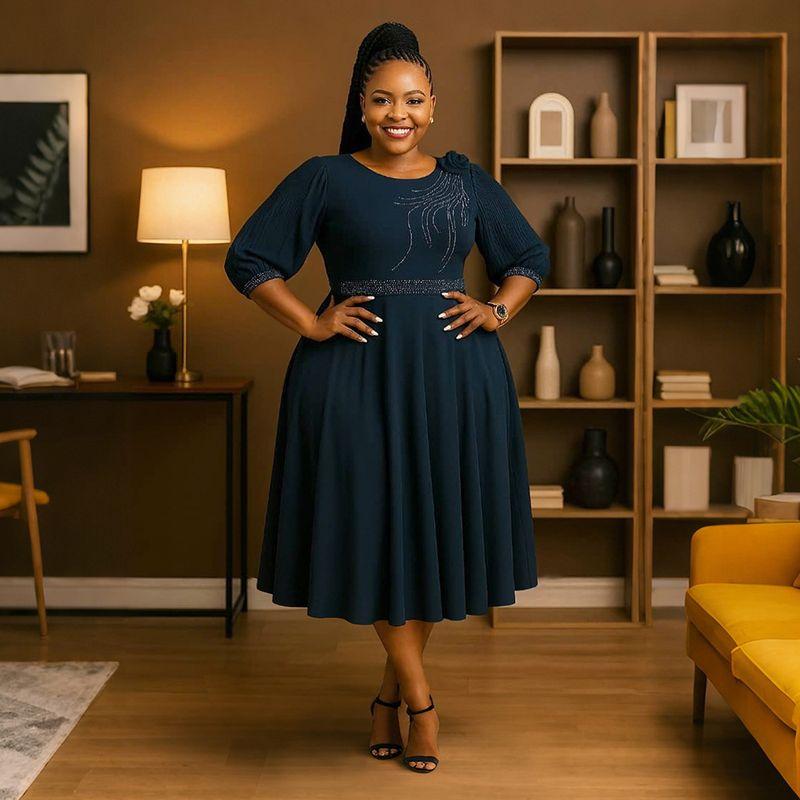 

Cy901973 Модное платье с круглым вырезом и рукавами до локтя, женская одежда Navy blue XL