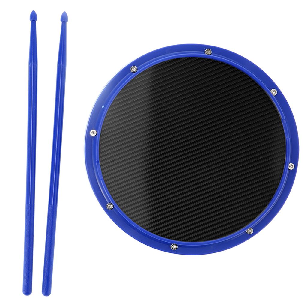 12in Drum Pad Percussion Training Carbon Fiber NonSlip ShockAbsorbent Mat with Drumsticks(Blue )