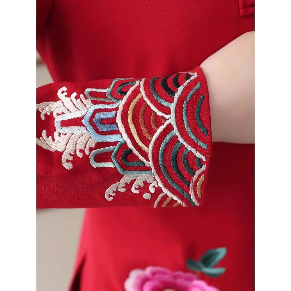 Women's Spring and Fall Ethnic Style Elegant Suit Temperament Long-sleeved Collar Blouse + Cheongsam Wide-legged Pants Two-piece Set