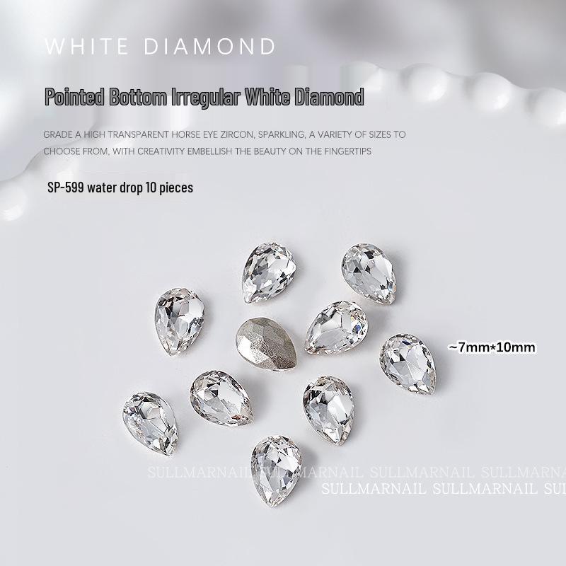 Nail Art Rhinestones Set: Heart, Crooked Heart, White Diamond, Peach Heart, Square, and Transparent Shapes (10 Pieces)