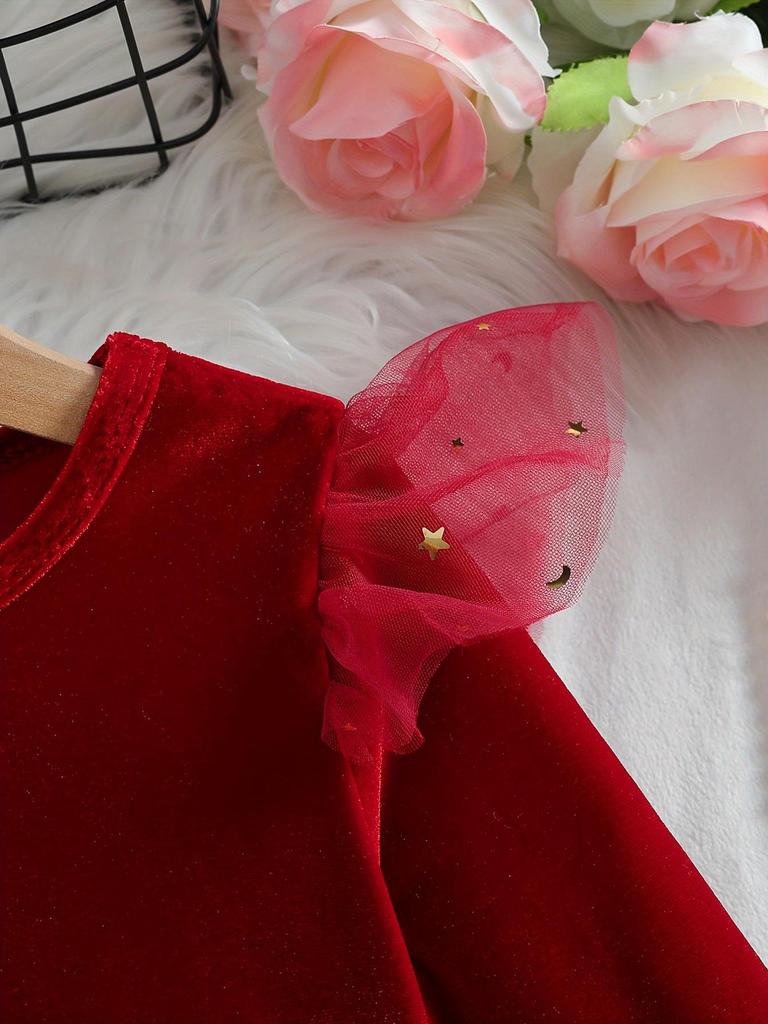Girls Long Sleeve Red Velvet Star Moon Tulle Dress Kids Spring Autumn Princess Dress