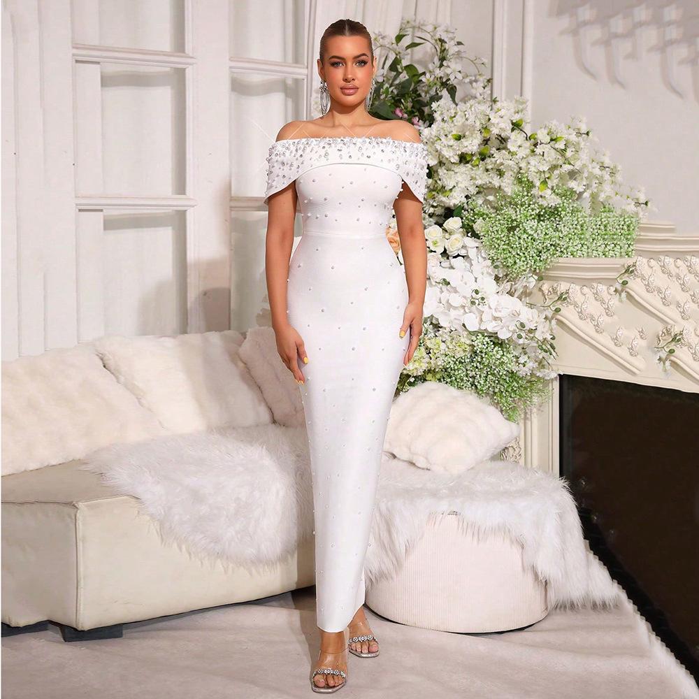 Elegant Pearl Beaded Rhinestone Off-Shoulder Bodycon Bandage Evening Dress