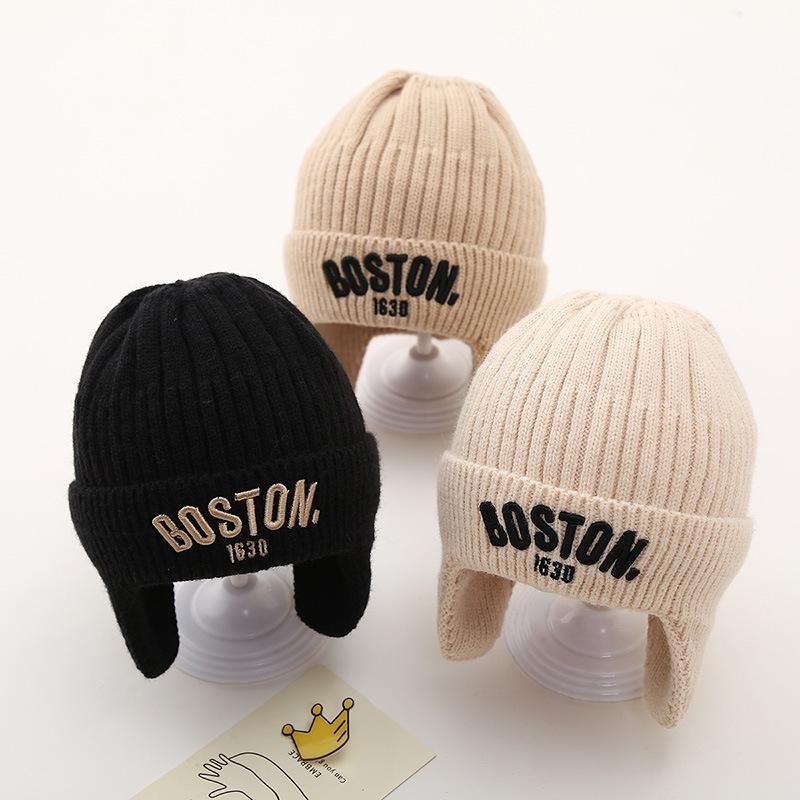 Winter Baby Knitted Hat with Earmuff Letter Embroidered Toddler Beanie Cap Solid Color Warm Woolen Kids Ear Protection Hats