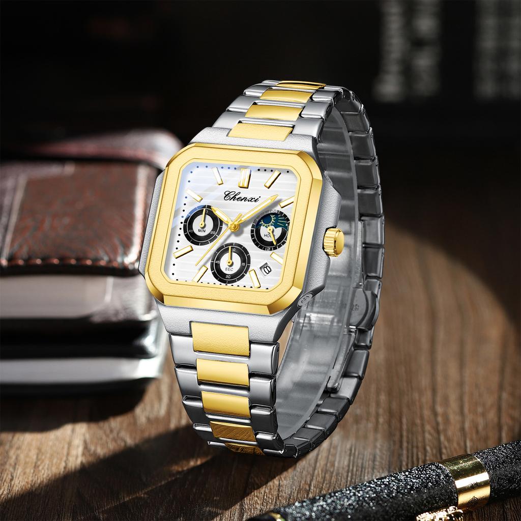 High-quality Luxury Watches For Man Fashion Original Chronograph Date Display Quartz Hands Watch Gold White Stainless Steel
