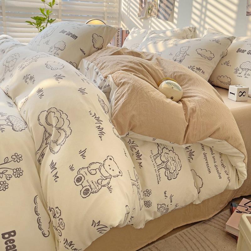 Small Fresh Mattress Quilt Cover Class A Maternal And Infant Grade Cartoon Dormitory Bed Sheet Three-Piece Set Super Soft Washed Cotton 4Pcs Set