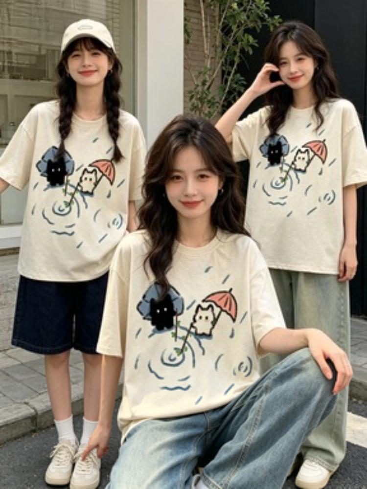Japanese Cute Black And White Cat Shortsleeved Tshirt And W Summer Halfsleeved Top T