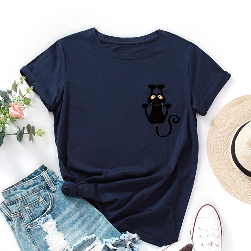 Summer Women's Cute Cat Print Loose Round Neck Pure Cotton Short Sleeved T-Shirts Women’s