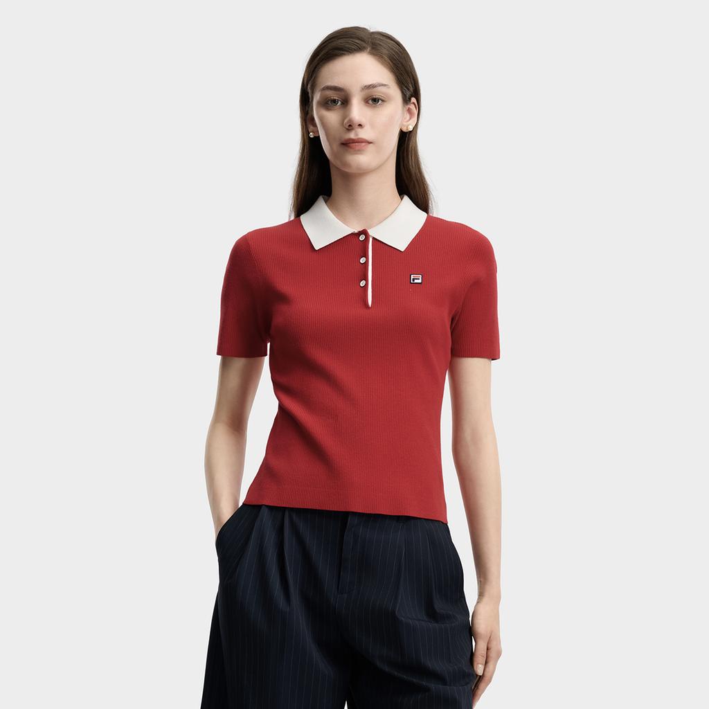 Fila Heritage Vintage Casual Versatile Fashion Woven Polo Knit Sweater Women Tops Red F11W628411FRD