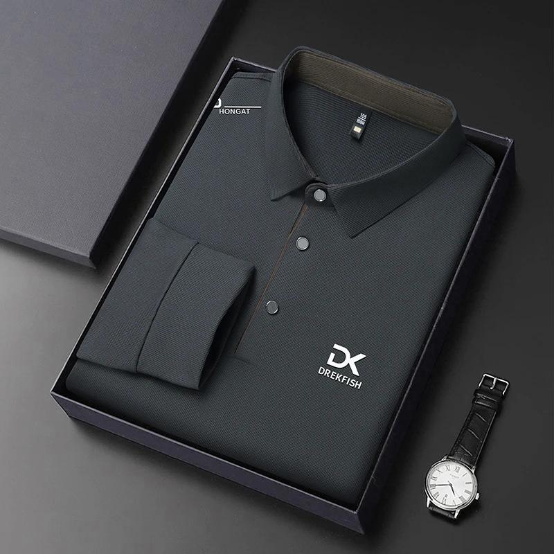 New Men'S Business Casual Long Sleeved Shirt With Badge Solid Color Polo Shirt Fashionable Breathable Comfortable Versatile Top