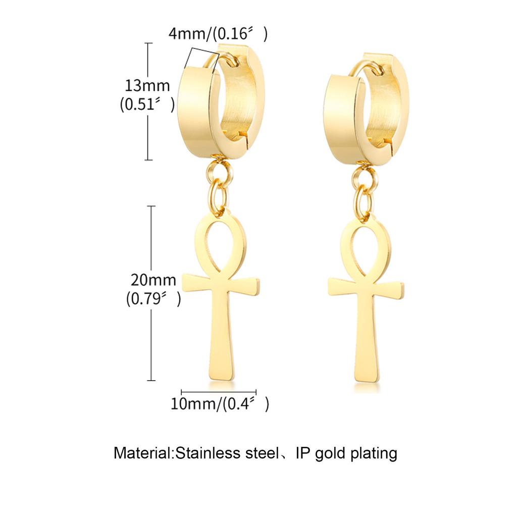 Vnox Ancient Egyptian Ankh Cross Earrings for Men, Stainless Steel Geometric Hoop Huggie Jewelry Gifts, Faith Ankh Stud Earring