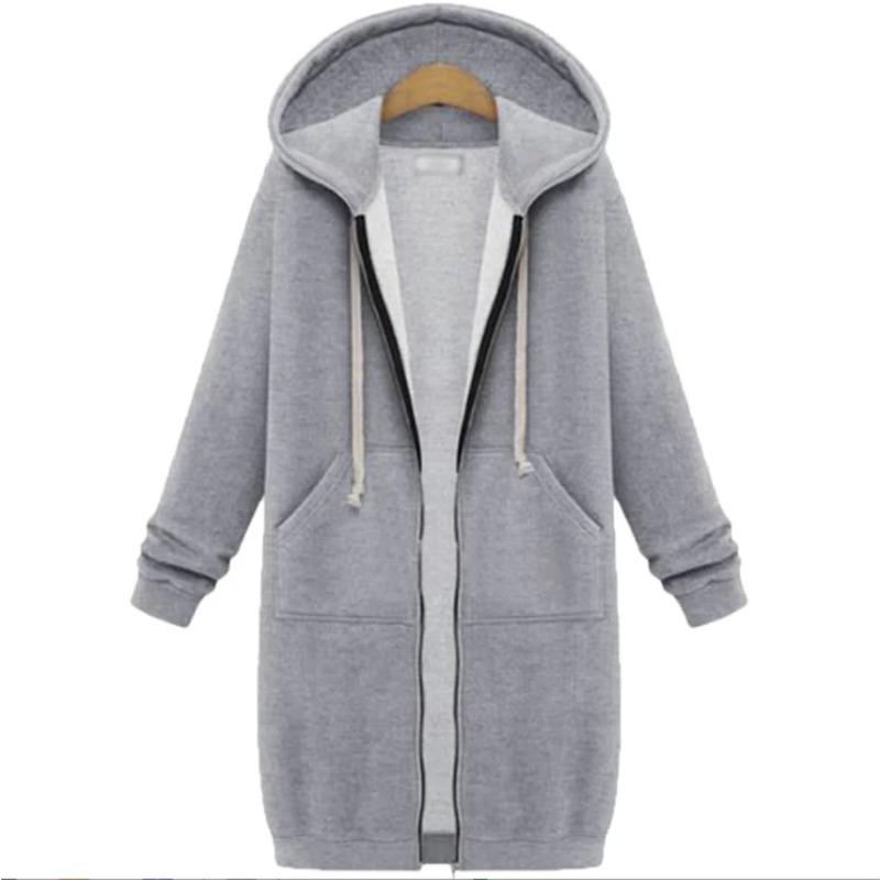 Women Zipper Mid Length Hoodies Long Sleeve Pocket Loose Sweatshirt Autumn Winter Fashion Jacket Lady Streetwear Casual Coat